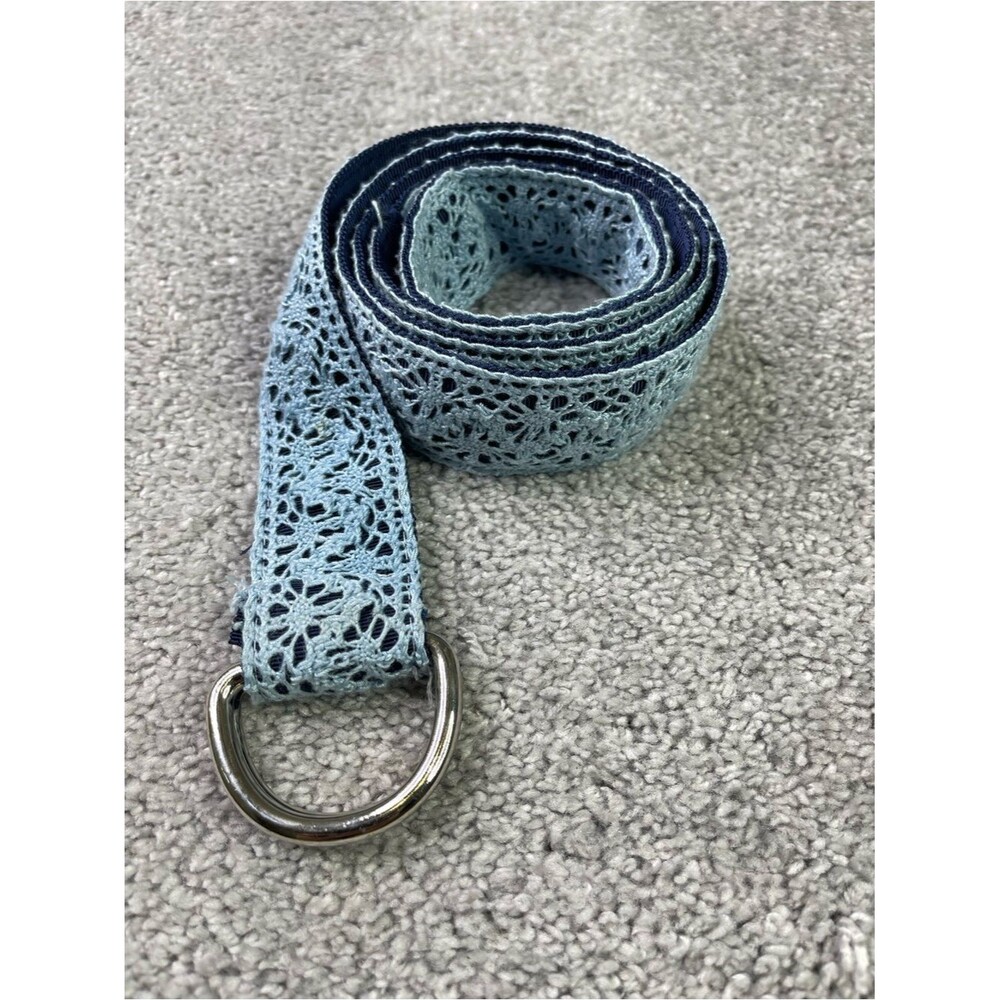 Talbots Lace Overlay D-Ring Belt Light Blue Navy Adjustable Size Large 44 In